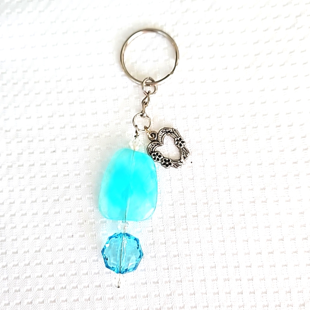 Hand Crafted Sparkling Heart Charm with Blue Beads Keychain